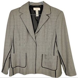 Liz Claiborne Tailored Black White Houndstooth Blazer Contrast Piping Lined 18W